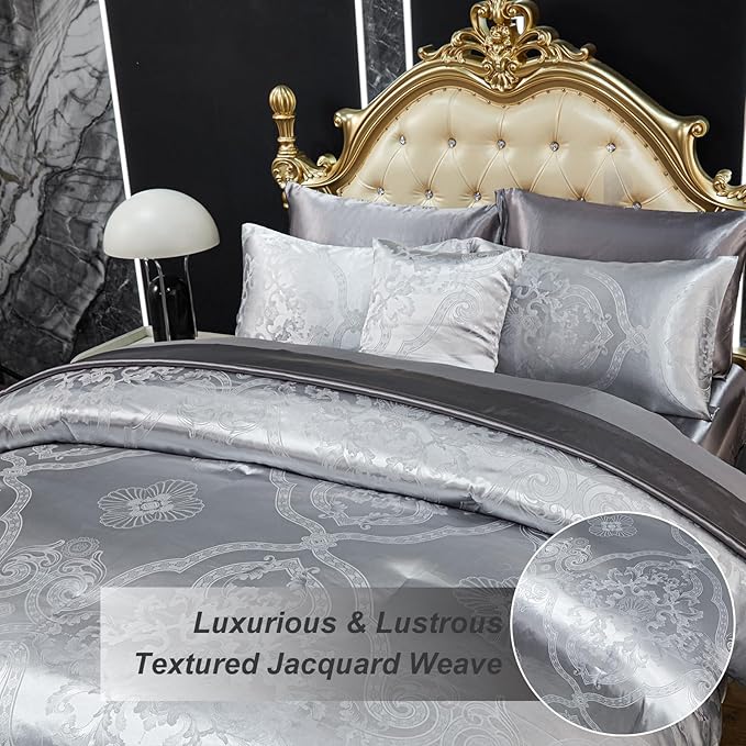 Grey Queen Comforter Set Jacquard Bedding Set 8 Pcs Satin Sheet Set Vintage Neoclassical Floral Elegant Bed Home Decor Soft Down Comforter Luxury Hotel Silky Bed in a Bag with 1 Cushion Cover