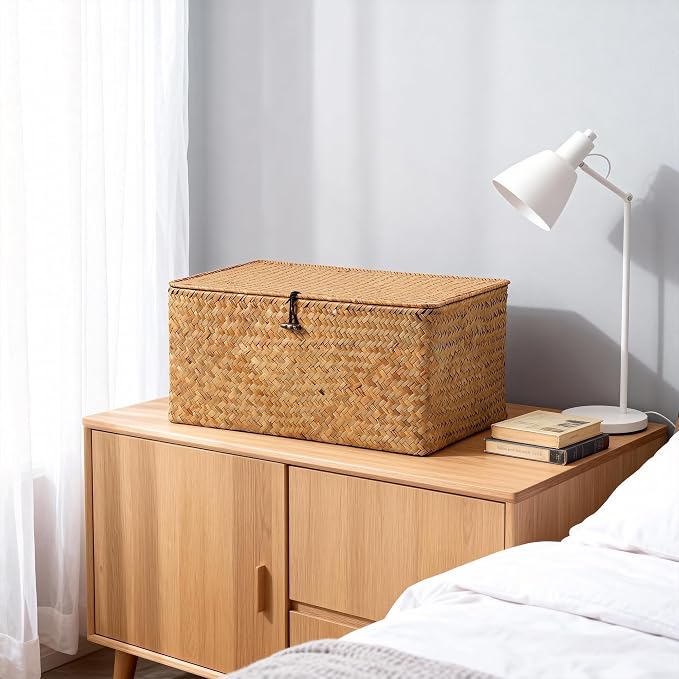 Nonam Seagrass Storage Large Basket with Lid,Wicker Basket Storage Bin with Lid for Shelves,Boho Decor,Handwoven Shelf Basket for Organizing-Storage Container Box for Home Organization-Natural - Image 7