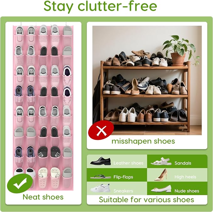 Unjumbly Over the Door Shoe Organizer with 40 Large Breathable Mesh Pockets, Space Saving Shoe Holder, Hanging Shoe Rack for Entryway Bedroom Closet Storage (Pink, 40 Pockets) - Image 6