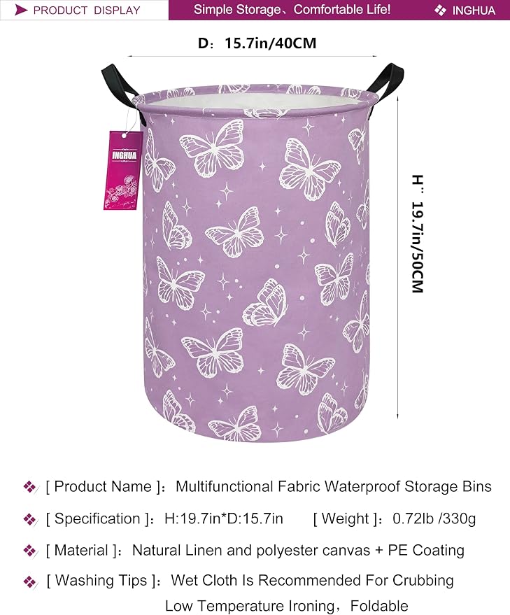 Laundry Hamper Large Canvas Fabric Lightweight Storage Basket/Toy Organizer/Dirty Clothes Collapsible Waterproof for College Dorms, Boys and Girls Bedroom,Bathroom(butterfly) - Image 2