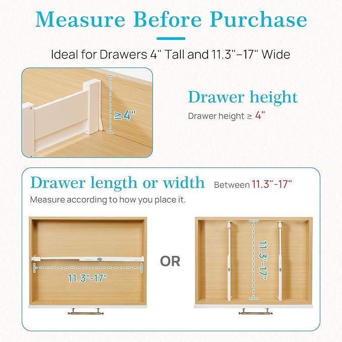 Vtopmart 4 Pack Drawer Dividers for Clothes, 4" High 11.3"-17" Adjustable Expandable Dresser Drawer Organizer, Plastic Drawers Separators for Dresser, Baby Clothes, Underwear, Kitchen & Office Storage - Image 7
