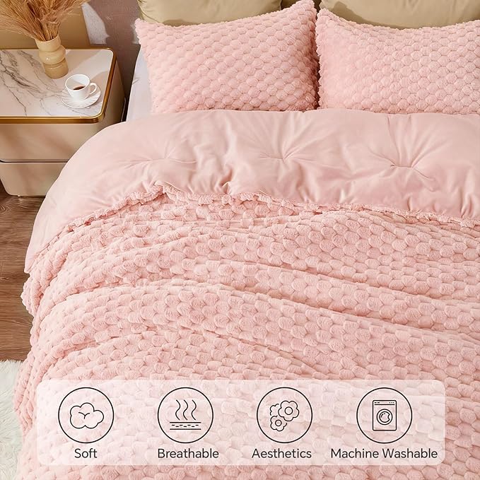 BEDELITE Fluffy King Size Comforter Set - Pink Fleece Soft Comforter for King Size Bed, Luxury Warm Bedding Set for Winter, Fuzzy Bed Set 3 Pieces (1 Comforter, 2 Pillowcases)