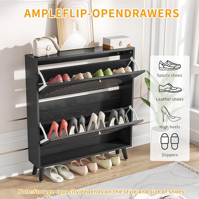 Fsbecl Shoe Storage Cabinet for Entryway with 2 Flip Drawers, Narrow Wood Shoe Cabinet with Fluted Panel, Freestanding Hidden Shoe Organizer for Foyer, Hallway (Black - No Shelf) - Image 5