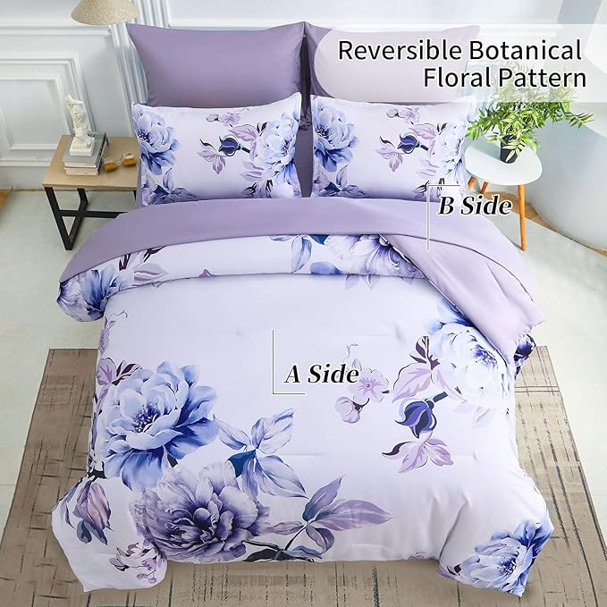 Drucon Purple Floral Comforter Set King, 7 Pieces Bed in a Bag Botanical Floral Comforter Soft Microfiber Purple Bedding Set King Size Bed with Sheet and Pillowcase