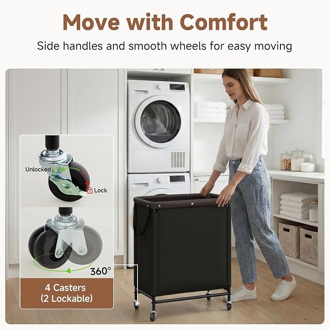 StorageWorks 2 Section Laundry Hamper, Rolling Laundry Cart with Wheels and Handles, Laundry Room Double Sorter for Organizer and Storage, 26.4 Gal(100L), Black - Image 4
