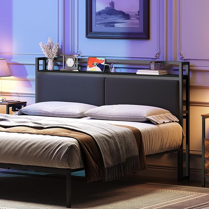 YATINEY Headboard with Charging Station, Queen Size Headboard Only, Upholstered Queen Head Board with Open Storage, Height Adjustable, Vintage Style, Sturdy and Stable, Black