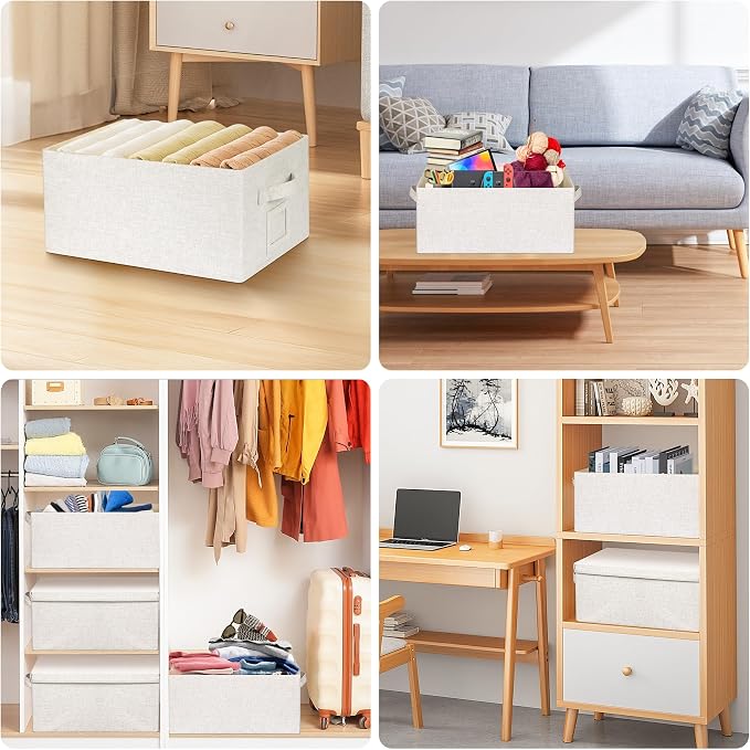 Large 17''x12'' Quart Collapsible Stackable Storage Bins with Lids, 2 Packs Off White Fabric Closet Boxes with Lids, Storage Cube Baskets Container Organizers for Bedroom Office(17''x12.2x''8'') - Image 7