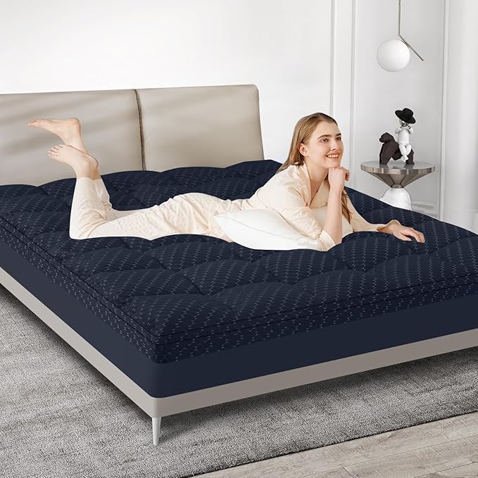 Dual Layer 3 Inch Memory Foam Mattress Topper Queen Size, 2 Inch Gel Memory Foam Plus 1 Inch Cooling Pillow Top Mattress Pad Cover, with 8-21 Inch Deep Pocket, Navy Blue