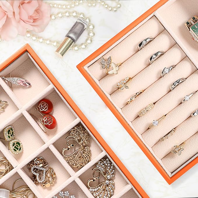 LANDICI Stackable Jewelry Organizer Trays 4 Set,PU Leather Jewelry Organizer Drawer,Jewelry Storage Display Tray for Earring Necklace Rings Bracelet with Removable Dividers,Orange - Image 3