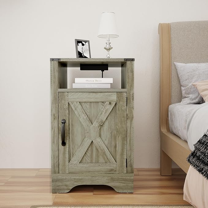 RoyalCraft 25" Tall Farmhouse Nightstand with Charging Station, Grey End Table with Storage, Large Wooden Rustic Bedside Table for Bedroom, Light Grey