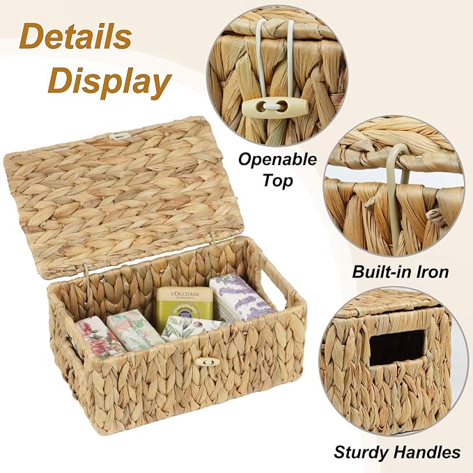Small Wicker Basket with Lid, Natural Water Hyacinth Storage Baskets for Organizing, Rectangular Woven Basket for Storage, Decorative Boxes Bins with Lids and Built-in Handles (10.2" x 6.3" x 3.9") - Image 2