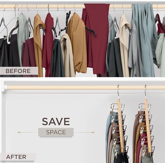MORALVE Skirt Hangers Space Saving with Clips - 2 Pack - European Beechwood 5-Tier Hanger for Shorts, Skirts, and Pants - Closet Organizer and Storage Solution for Women with 360° Swivel Hook - Image 3