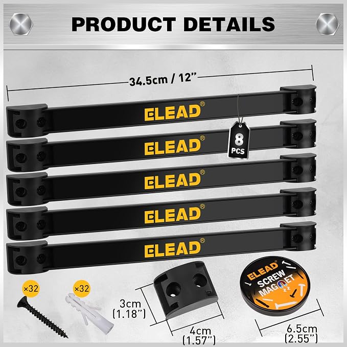 ELEAD 9-Piece 12" Magnetic Tool Holder Storage Organizer - Wall Mount Rack Garage Organization Power Magnet Hanger Workbench Board Slatwall Van Organizers Mounted Hanging Strip - Image 2