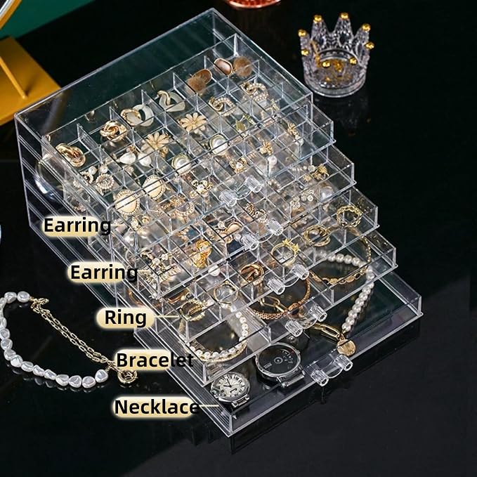 Feadily Acrylic Jewelry Organizer Box, Jewelry Drawer Organizer With 5 Drawers 79 Grids, Clear - Image 5