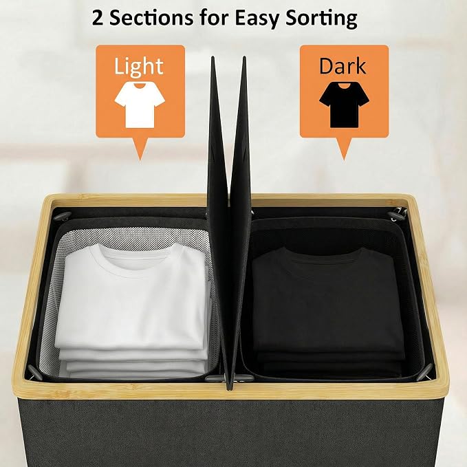 efluky Laundry Hamper with Lid, Double Laundry Hamper with 2 Removable Bags, 2 Section Laundry Basket with Bamboo Handles for Bathroom, Bedroom & Laundry Room, 140L (36.9 Gallon) Black - Image 3