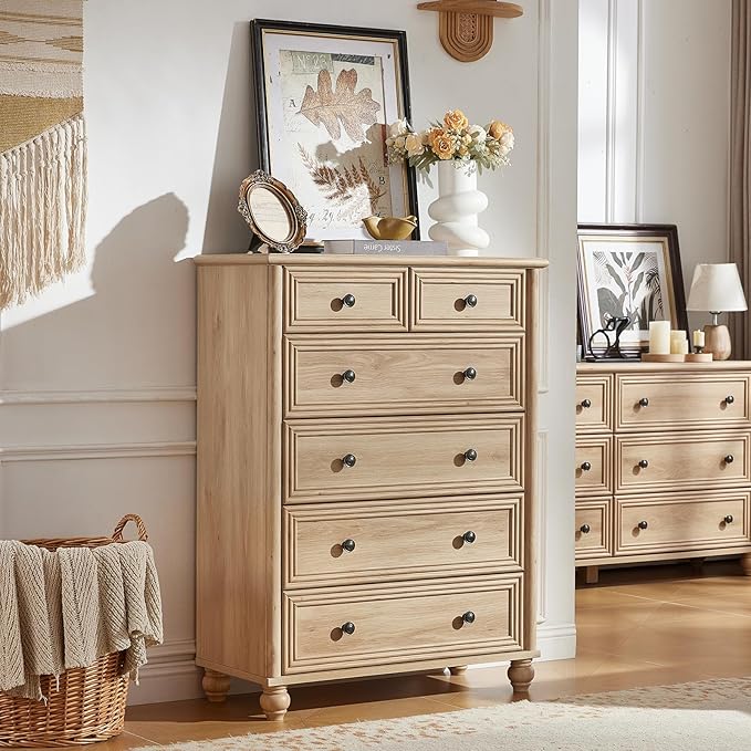 RWYHG Farmhouse 6 Drawer Dresser Set of 2, Natural Chest of Drawers, 43.5" Tall Dressers for Bedroom with Roman Column and Metal Handles, Wood Storage Organizer for Living Room, Hallway, Closet