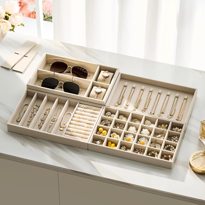 Velvet Jewelry Drawer Organizer Trays – Large Beige Stackable Jewelry Storage Inserts Set, 4-Layer Jewelry Tray Set for Earrings, Rings, Necklaces, Bracelets with Removable Dividers for Dresser,Vanity - Image 5