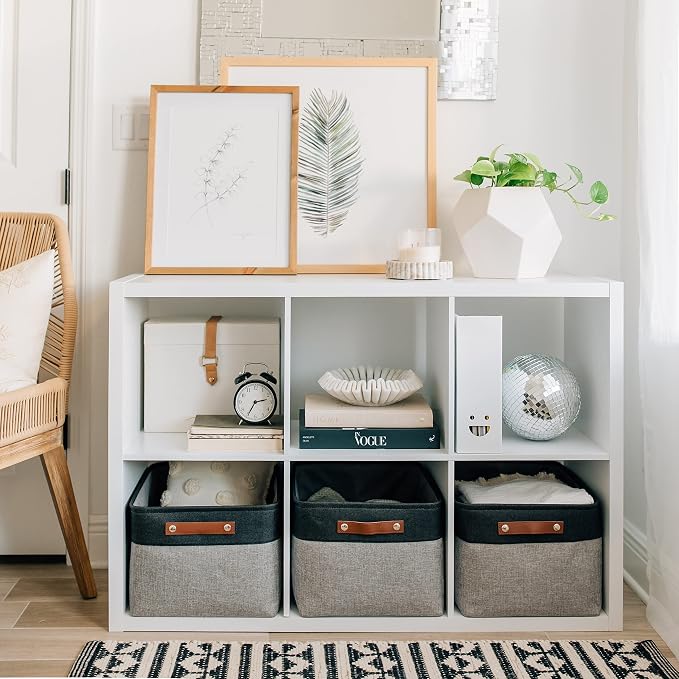 OrganiHaus Extra Large Fabric Storage Baskets for Shelves 3 Pack, 16x13in Closet Storage Bins, Canvas Baskets for Organizing, Linen Closet Organizers, Cloth Basket, Gray/Black - Image 4