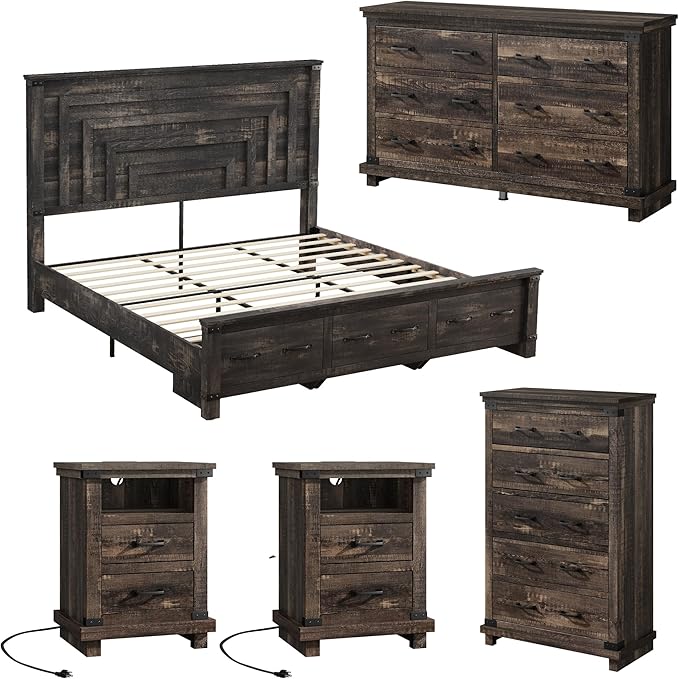 AMERLIFE 5 Pieces Farmhouse Bedroom Set, Includes Rustic King Bed Frame with 54" Tall Headboard, 6 Drawer Dresser, 5 Drawer Tall Chest, Nightstands Set of 2 with Charging Station, Black Oak