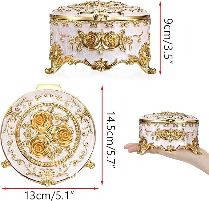 Hipiwe Round Jewery Box Metal Trinket Organizer Decorative Keepsake Box for Trrasure Ring Earring Holder Vintage Jewelry Display Case, Beige, 5.7" L x 5.1" W x 3.5" H - Image 3