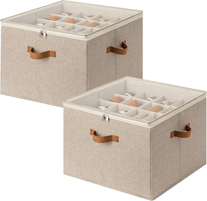 StorageWorks 2 Pack Shoe Organizer for Closet, Foldable Shoe Storage Box with Adjustable Dividers, Shoe Boxes Organizer for Entryway, Closet Shoes Organizer for Sandals, Sneakers, Fits 32 Pairs, Taupe by StorageWorks