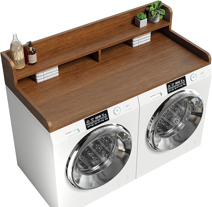 2-Tier Washer Dryer Countertop with 2.75" H Edge Rails, 58" W x 28" D Laundry Countertop for Folding Clothes, Washer and Dryer Topper with Non-Slip Pad (Brown) by Corbyles