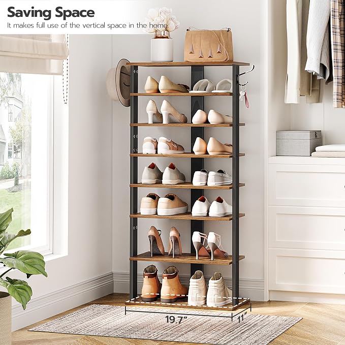 HOOBRO 8 Tiers Vertical Shoe Rack, Wooden Shoe Storage Organizer with Hooks, Narrow Shoe Tower for 16 Pairs, Space Saving, for Entryway, Living Room, Bedroom, Rustic Brown BF750XJ01 - Image 2