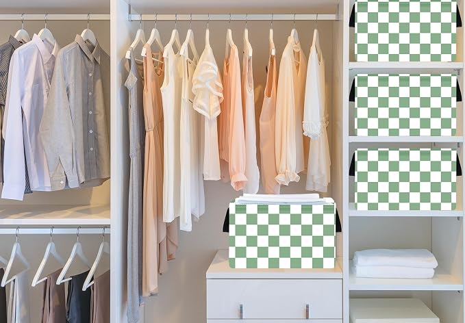 MAIZMZ Sage Checkered Storage Basket Baby Toys Organizer Bins Decorative Gifts Bakset Waterproof Nursery Hamper Women Storage Cube Kids Laundry Basket for Home/Dorm/Kitchen/Pet/Office/Closet/Shelf/ - Image 7