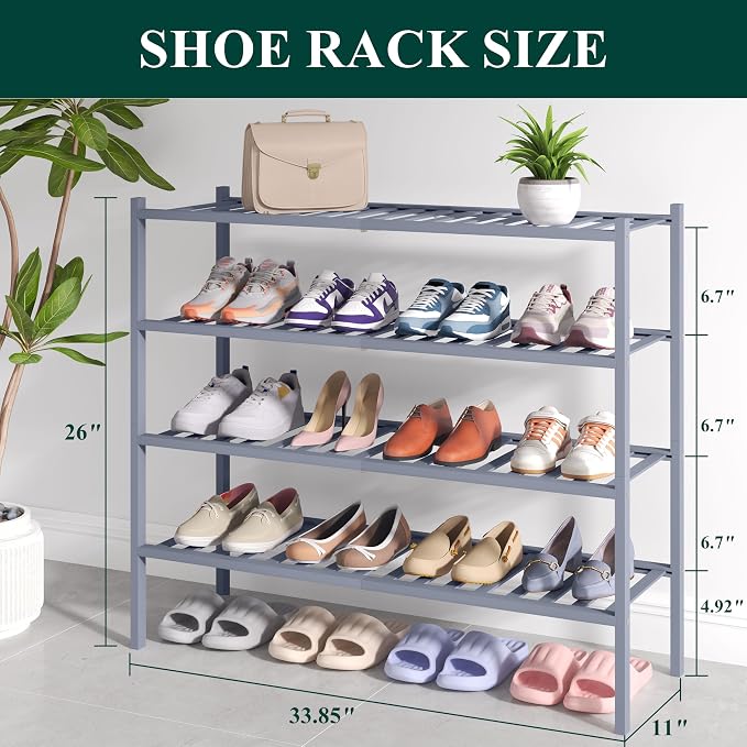 Smiry Bamboo Shoe Rack for Closet, 4 Tier Long Wooden Stackable Shoe Organizer, Free Standing Shoes Storage Shelf for Entryway, Front Door Entrance, Grey - Image 2