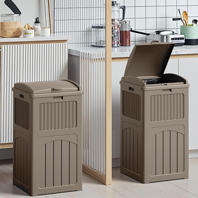 Devoko 33 Gallon Outdoor Trash Can with Dual Lid, Heavy Duty Waterproof Resin Garbage Bins Outside, Hideaway Waste Bins for Patio, Outside Pool, Backyard and Deck (2, Brown) - Image 5
