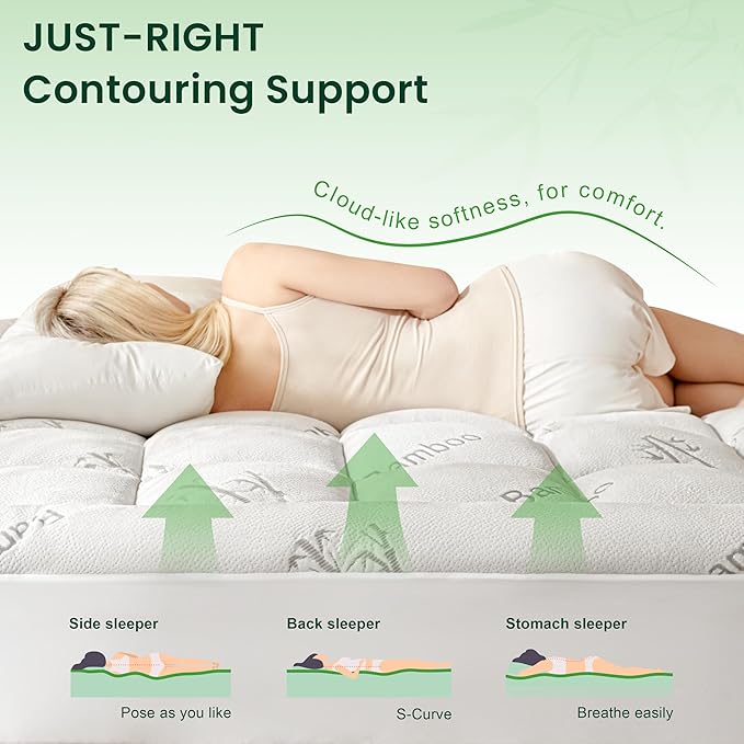 Love's cabin Queen Mattress Topper Viscose Derived from Bamboo, Thick Pillow Top Mattress Pad with Stretchable Pockets for 8"-20" Mattress, Soft Breathable Cooling Mattress Topper for Hot Sleepers
