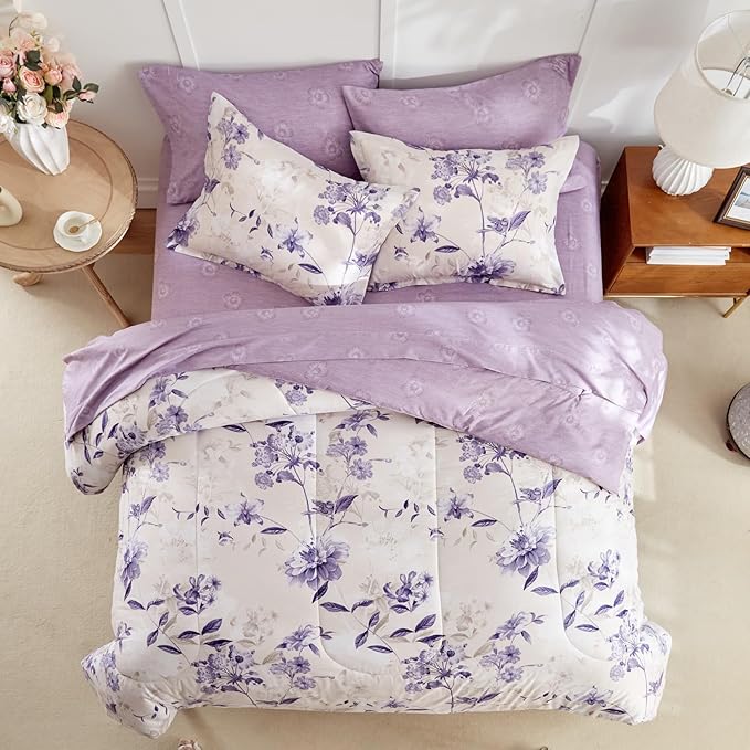 AIKASY 7-Piece King Size Bed in a Bag Comforter Set - Lilac Purple Floral Ensemble with Reversible Botanical Flowers Comforter, Sheets, Pillowcases & Shams