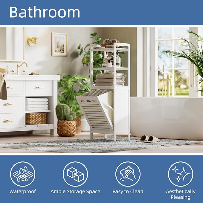 HITNET Bamboo Tilt Out Hamper, 10 Gal Bathroom Laundry Cabinet with Hidden Foldable Basket, Freestanding Clothes Storage Organizer with Storage Shelf, White - Image 4