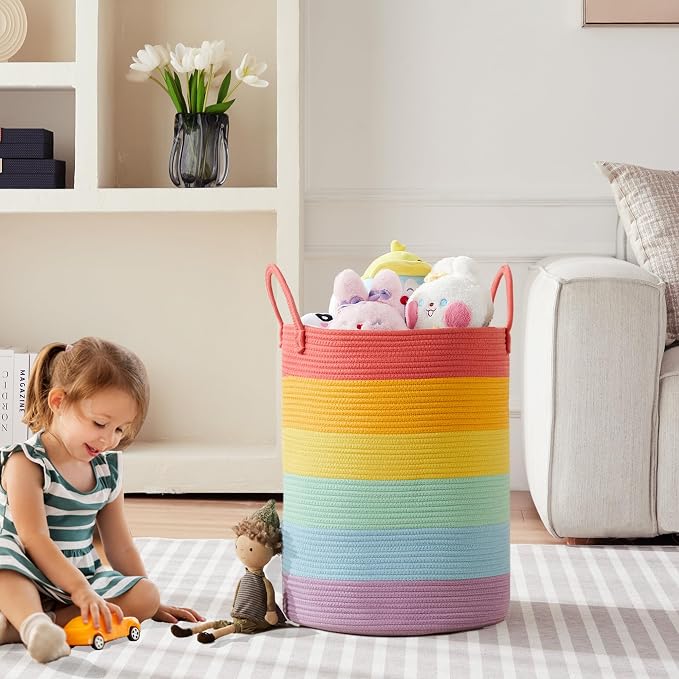Rainbow 15"Dx20"H Baby Girls Kids Laundry Hamper Basket for Nursery Toddler Clothes Blanket Toy Storage Woven Rope Unicorn Hamper in Playroom Bedroom 60L Large - Image 2