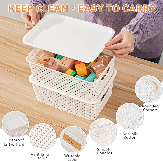 10 Pack Small Plastic Storage Bins with Lids, Stackable Plastic Storage Baskets for Organizing with Handles, Organizer Bins with Labels for Room, Craft, Containers for Pantry Organizers and Storage - Image 3
