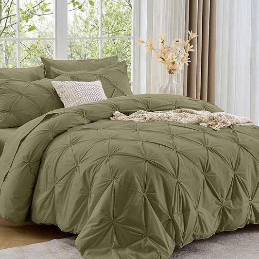 Sasttie Twin XL Comforter Set, 5-Piece Bed in a Bag, Pintuck Bedding Sets for All Season, Includes Comforter, Flat Sheet, Fitted Sheet, Pillowcase and Pillowsham, Olive Green