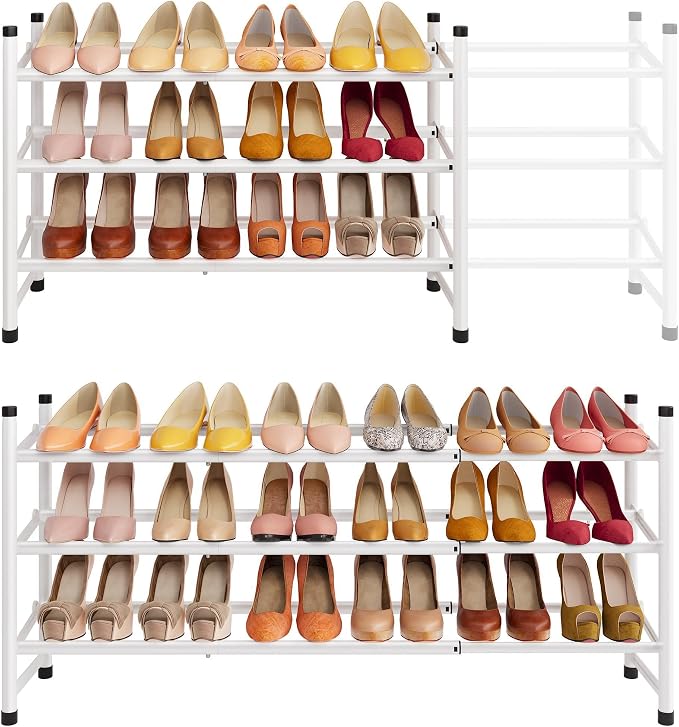 Tajsoon Expandable Shoe Rack for Closet 3 Tier, 28“-41“Adjustable & Stackable Shoe Shelf Storage, Metal Shoe Rack Organizer for Front Door Entrance, Closet, Garage, Entryway, White by Tajsoon