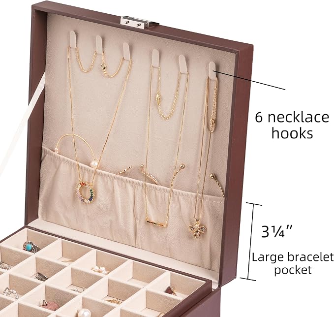 Frebeauty Earring Organizer Classic Jewelry Box 50 Slots Double Layer Jewelry Storage Case with 6 Necklace Hook and Bracelet Pocket(Dark Brown) - Image 4