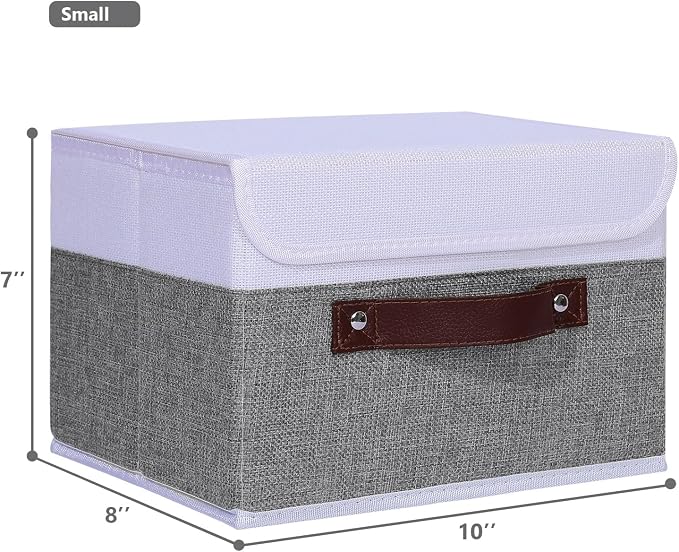 ANMINY 4PCS Storage Boxes with Lid Washable Decorative Storage Bins Basket with PU Leather Handle Foldable Linen Fabric Storage Cubes Containers for Home Closet Organizer - Gray White, Small Size - Image 5