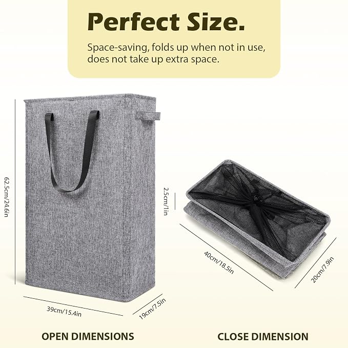 Odonata Slim Laundry Hamper Handles Collapsible Laundry Basket Thin Dirty Clothes Basket Narrow Laundry Bag Foldable Dirty Hamper 45L (Heather Grey) - Image 2