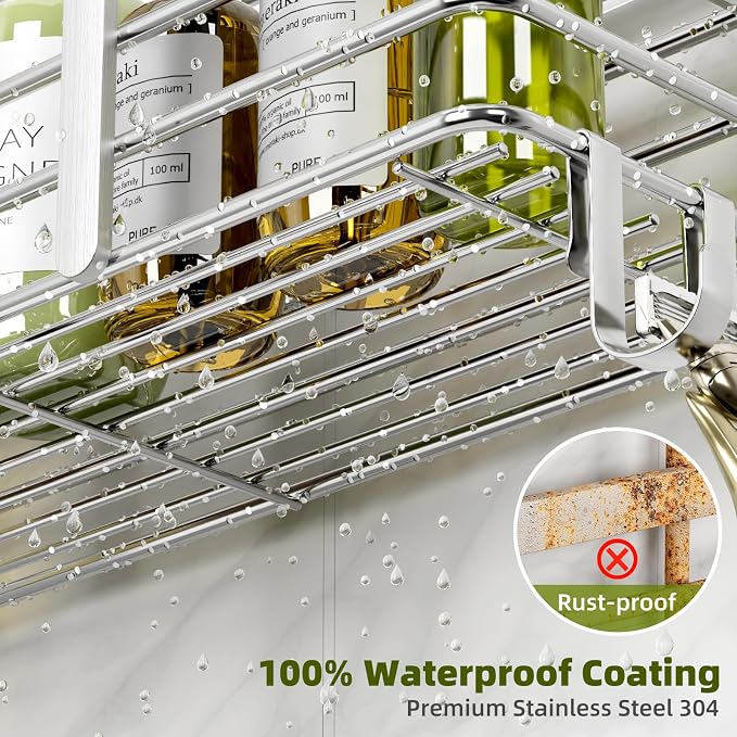Yougai Shower Caddy, Shower Organizer with Soap Holder and Hooks, Rustproof Shower Shelves, No Drilling Bathroom Organizers and Storage, Wall-Mounted Kitchen & Home Decor (Silver) - Image 3