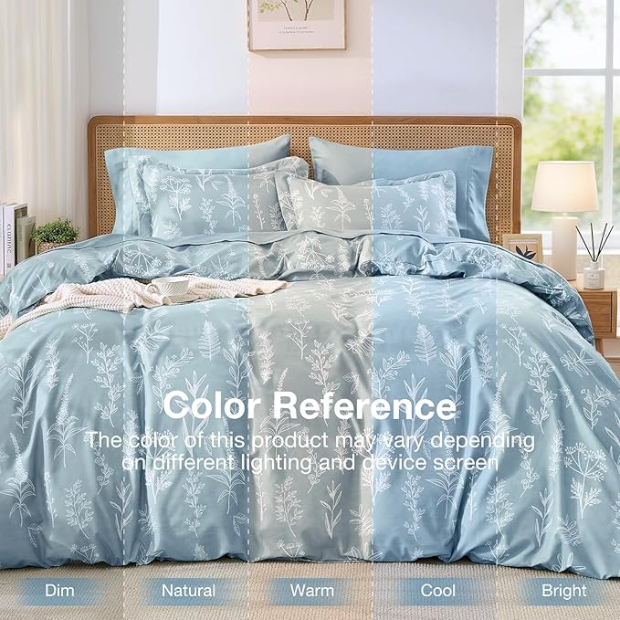 MUXHOMO Mineral Blue Cal King Comforter Set, Elegant Floral Print Bed in a Bag 7 Pieces, Ultra Soft & Breathable Reversible Botanical Pattern Bedding Set with Comforter, Sheets, Pillowcases, and Shams