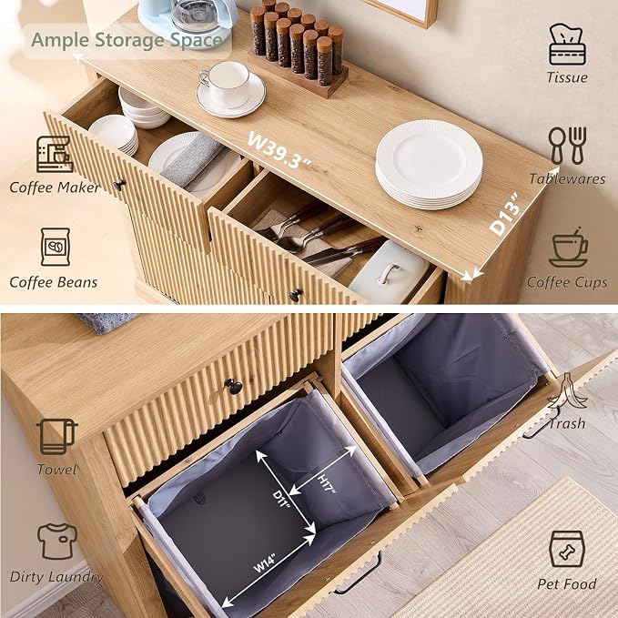 IFBUY Modern Double Tilt-Out Laundry Hamper Cabinet, 20 Gallon Fluted Trash Can Cabinet with 2 Drawers, Wooden Hidden Garbage Can Cabinets with Laundry Basket, for Bathroom and Kitchen, Natural Oak - Image 3