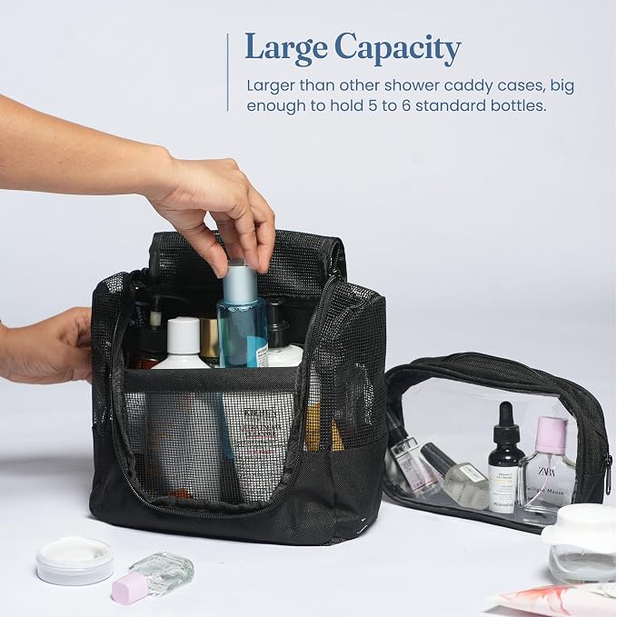 The Fine Living Co. Portable Hanging Shower Caddy Organizer Bag (Free Toiletries Case+Metal Hook) Quick Dry Mesh Shower Caddy Tote Bag Pouch For Bathroom College Dorm Camp Gym Camping 10”x4”x8”(Black) - Image 4