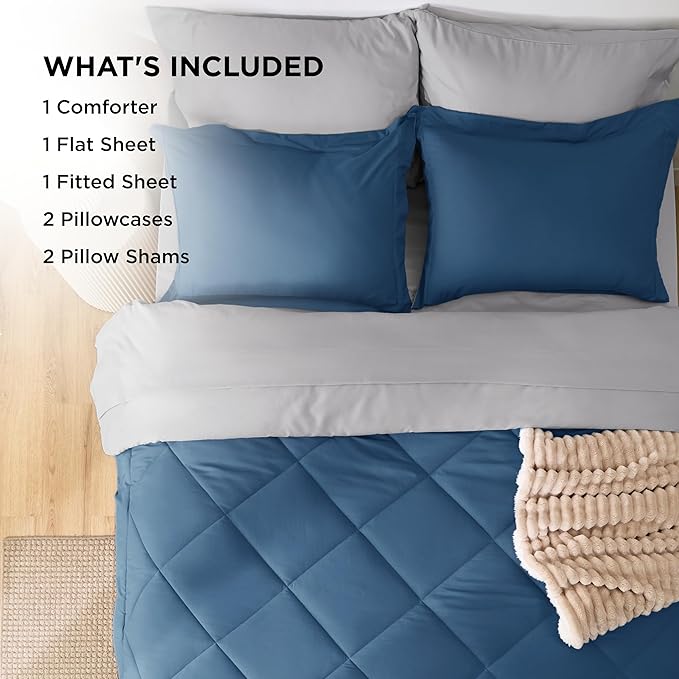 Bedsure California King Comforter Set - 7 Pieces Reversible Slate Blue Bedding, California King Size Bed Set for All Seasons, Bed in a Bag with Down Alternative Comforter, Sheets, Pillowcases & Shams