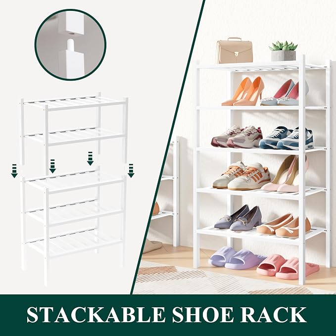 Smiry Bamboo Shoe Rack for Closet, 6 Tier Small Wooden Stackable Shoe Organizer, Free Standing Shoes Storage Shelf for Entryway, Front Door Entrance, White - Image 3