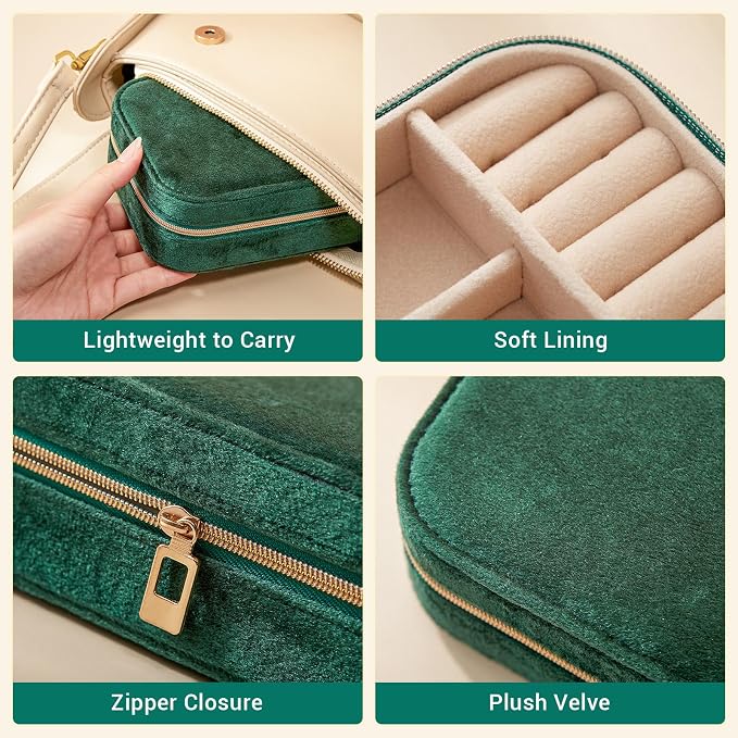 CASEGRACE Plush Velvet Travel Jewelry Box, Portable Jewelry Case for Women Girls, Double Layer Jewelry Organizer Display Box for Necklace Earring Rings Bracelet, Travel Accessory Gifts, green - Image 5