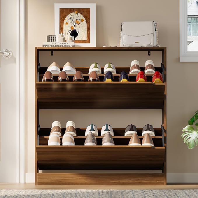 BORNOON Shoe Cabinet with 2 Flip Drawers, Slim Narrow Shoe Storage Cabinet, Freestanding Shoe Organizer with Adjustable & Removable Shelves, Top Display Shelf for Entryway, Hallway, Foyer, Closet - Image 7