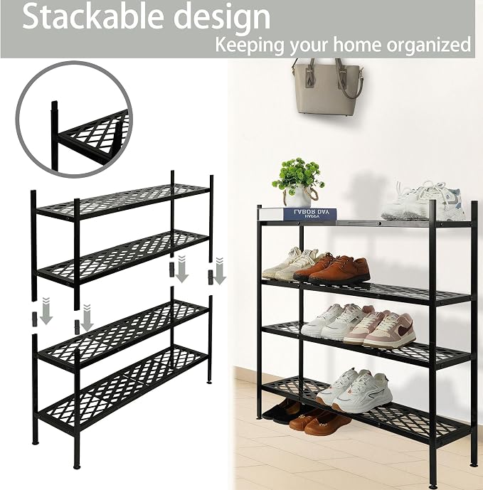 Shoe Rack, 45.6" Expandable Shoes Storage Metal Shoe Shelf Stand 2-Tier Stackable Boot Organizer for Closet, Entryway, Garage, Bedroom, Door Entrance, Black - Image 6