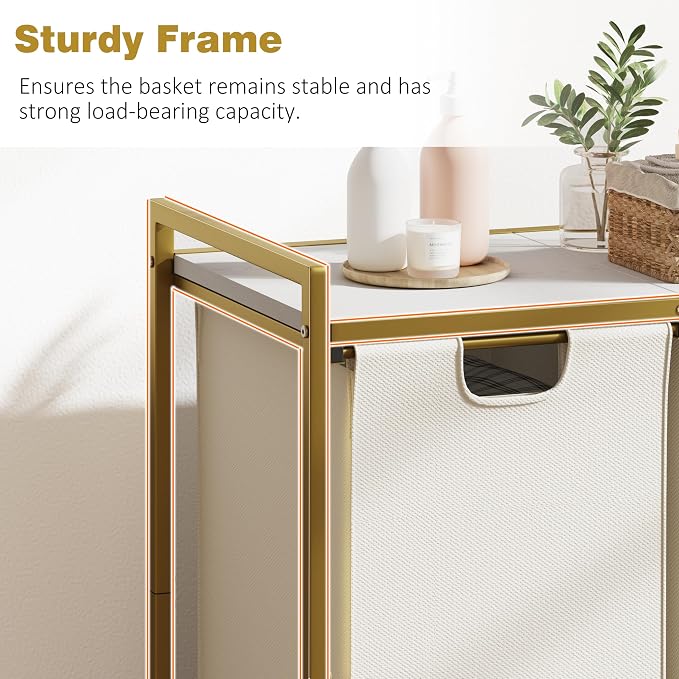 Huhote Laundry Hamper, double Laundry Basket, Laundry Sorter with Top Shelf & 2 Removable Washable Bags & Side Pockets for Laundry Room organization, Bathroom and Dorm, Gold and White - Image 8
